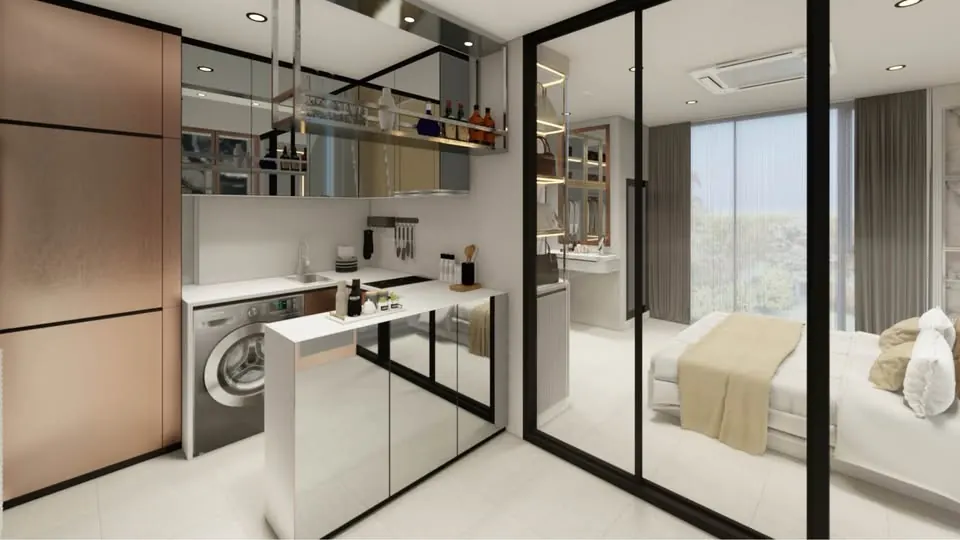 Kitchen of the 1-bedroom condo (45 sq.m.) at Supalai Icon Sathon