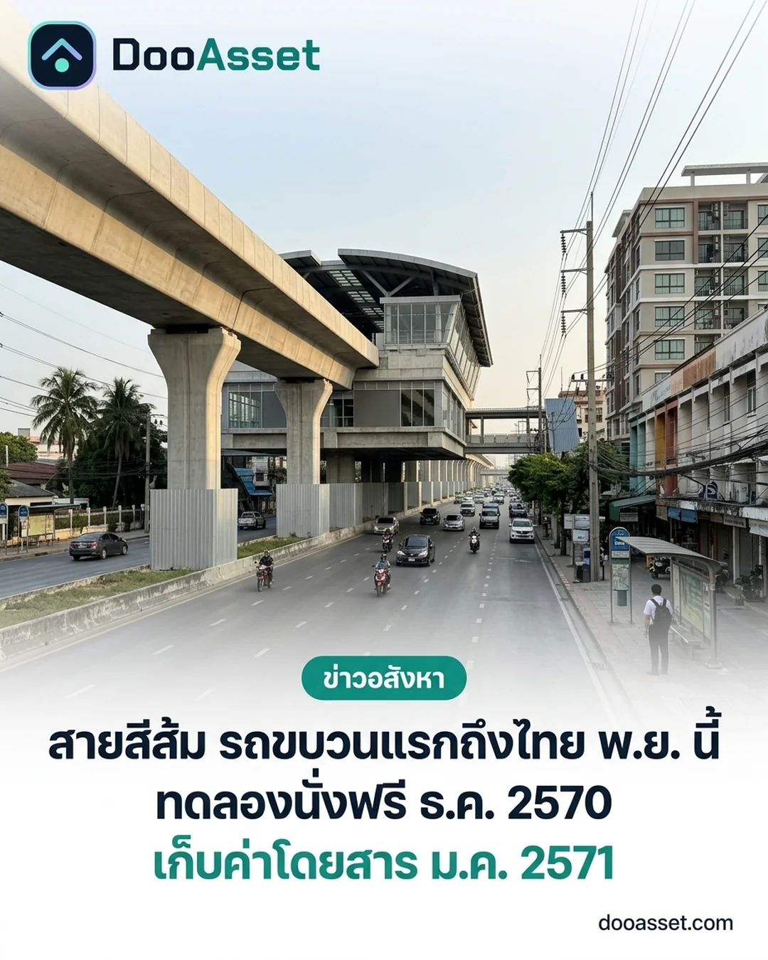Simulated view of a completed but unopened elevated rail viaduct and station in Bangkok, with the Thai headline on the Orange Line timeline (article illustration)