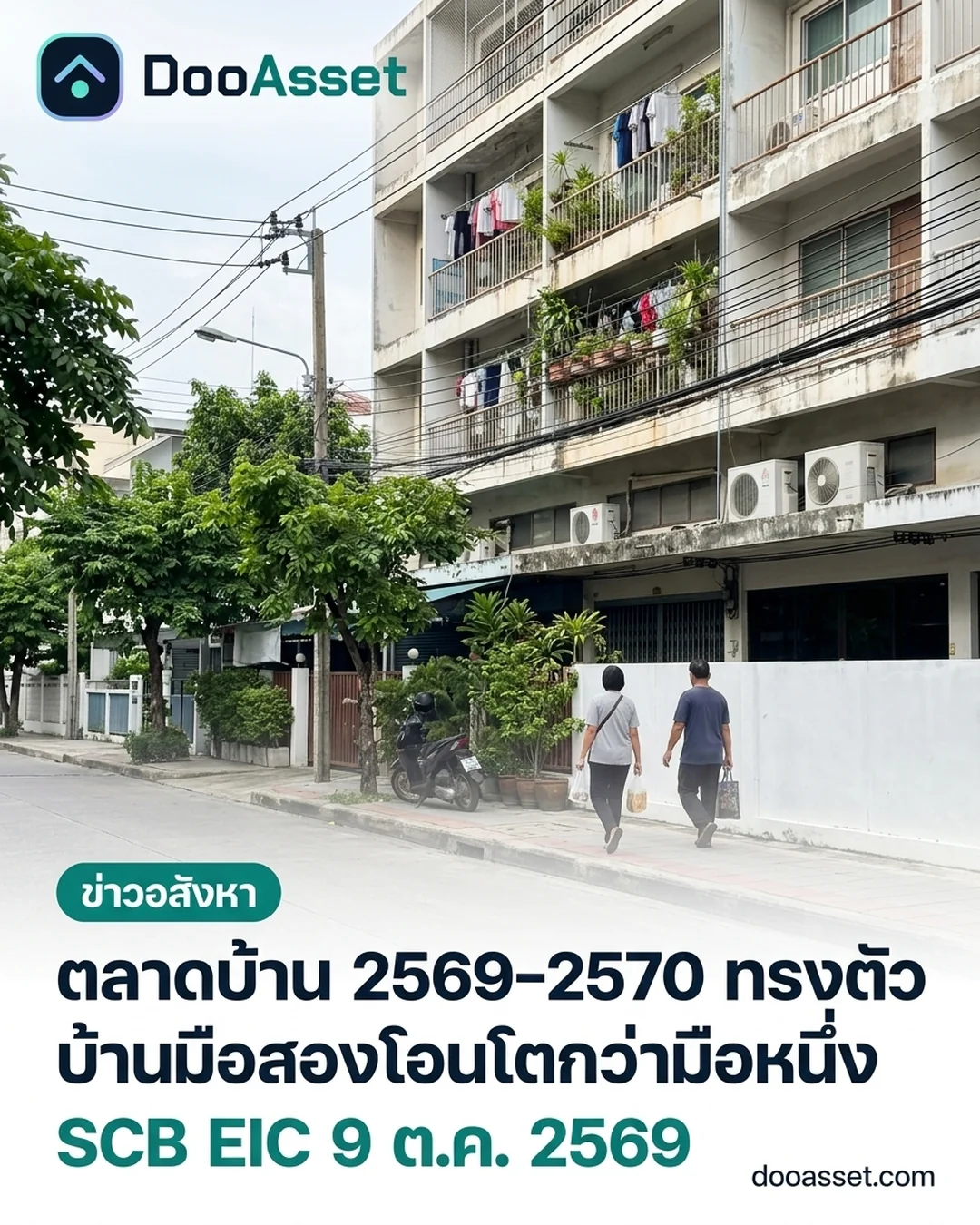 Simulated view of a Bangkok condominium block in morning light, with a Thai headline about the flat 2026-2027 housing market and resale homes outpacing new builds (article illustration)