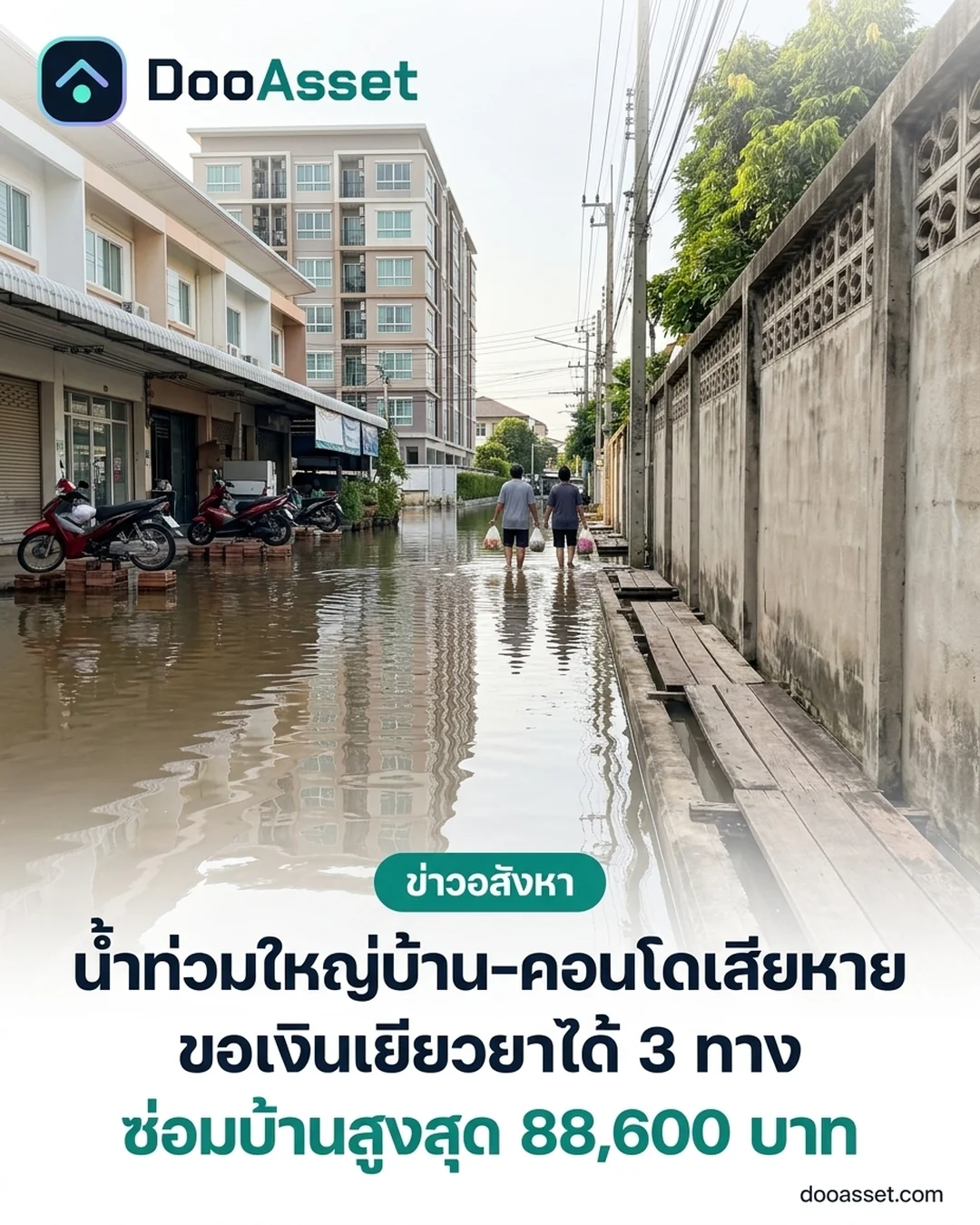 Simulated view of a flooded residential lane in Bangkok in the morning with a condominium block behind, with the Thai headline on 2026 flood relief (article illustration)